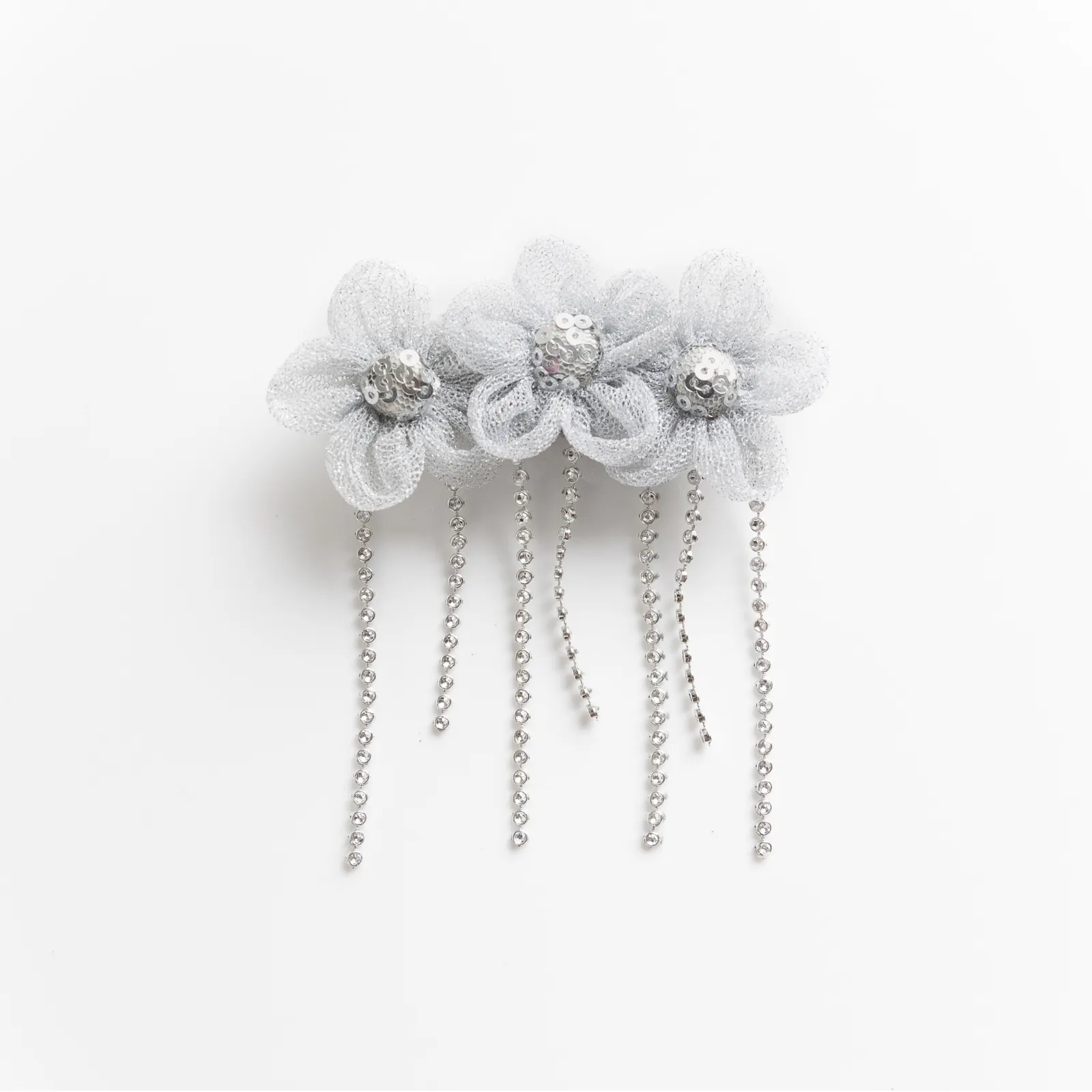 Tulle Three Flower Alligator Hair Clip- Silver