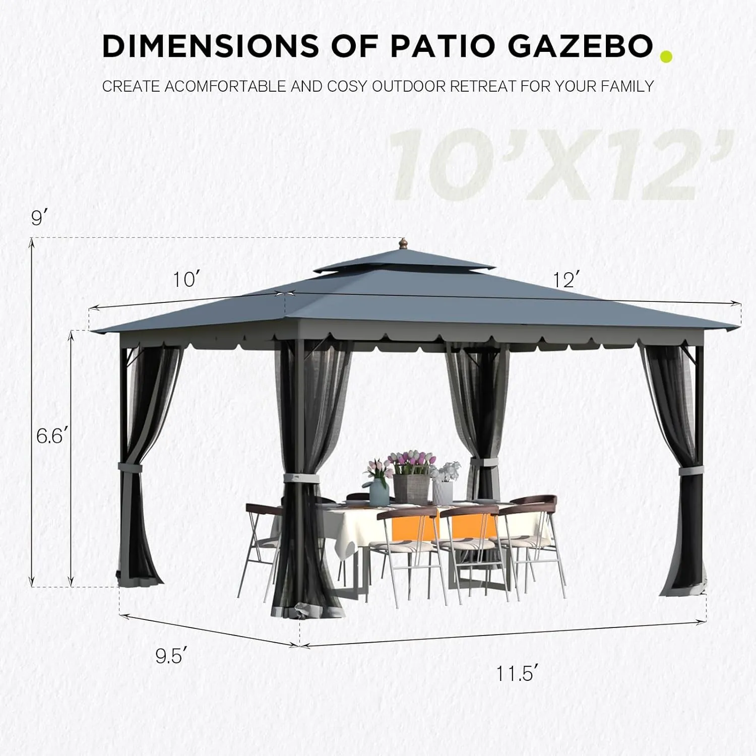 [Upgraded] 10X12 Gazebo with Mosquito Netting,Sturdy Metal Outdoor Patio Gazebo[Heavy Duty Frame],Gazebo Canopy Tent with Dual Air Roof,Patio Canopy Gazebo,Wind Resistant/Waterproof for Deck