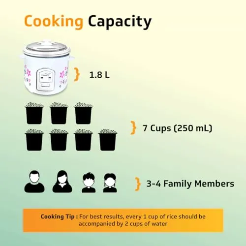 V-Guard VRC 1.8C Electric Rice Cooker, 1.8 Litre, 5 Year Heating Plate & 2 Year Product Warranty, Automatic Cooking with Warm & Cook Functions