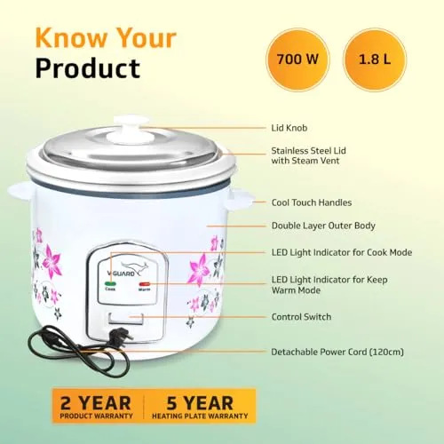 V-Guard VRC 1.8C Electric Rice Cooker, 1.8 Litre, 5 Year Heating Plate & 2 Year Product Warranty, Automatic Cooking with Warm & Cook Functions