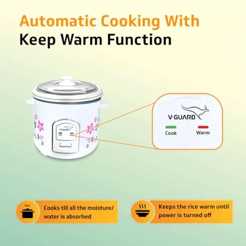 V-Guard VRC 1.8C Electric Rice Cooker, 1.8 Litre, 5 Year Heating Plate & 2 Year Product Warranty, Automatic Cooking with Warm & Cook Functions