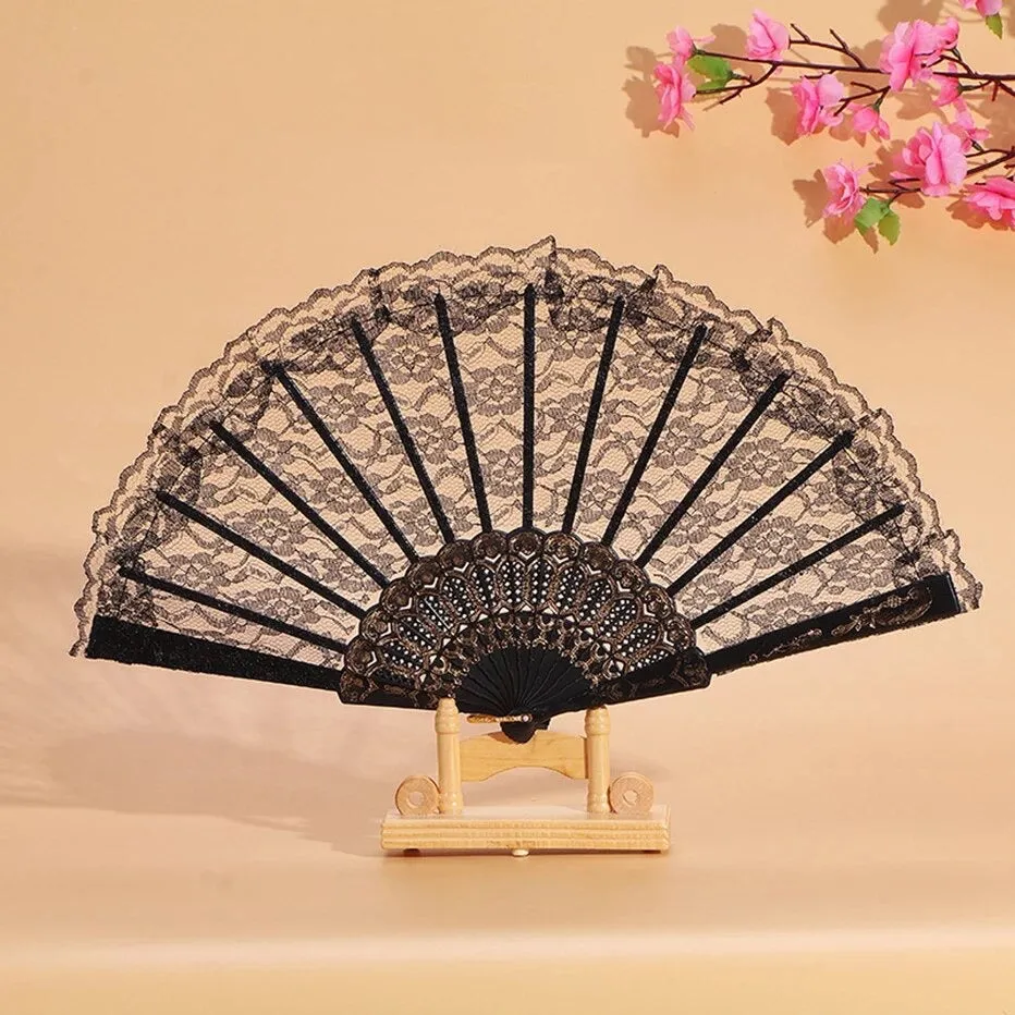 Vintage Japanese Chinese Style Hand Lace Folding Fan - Black