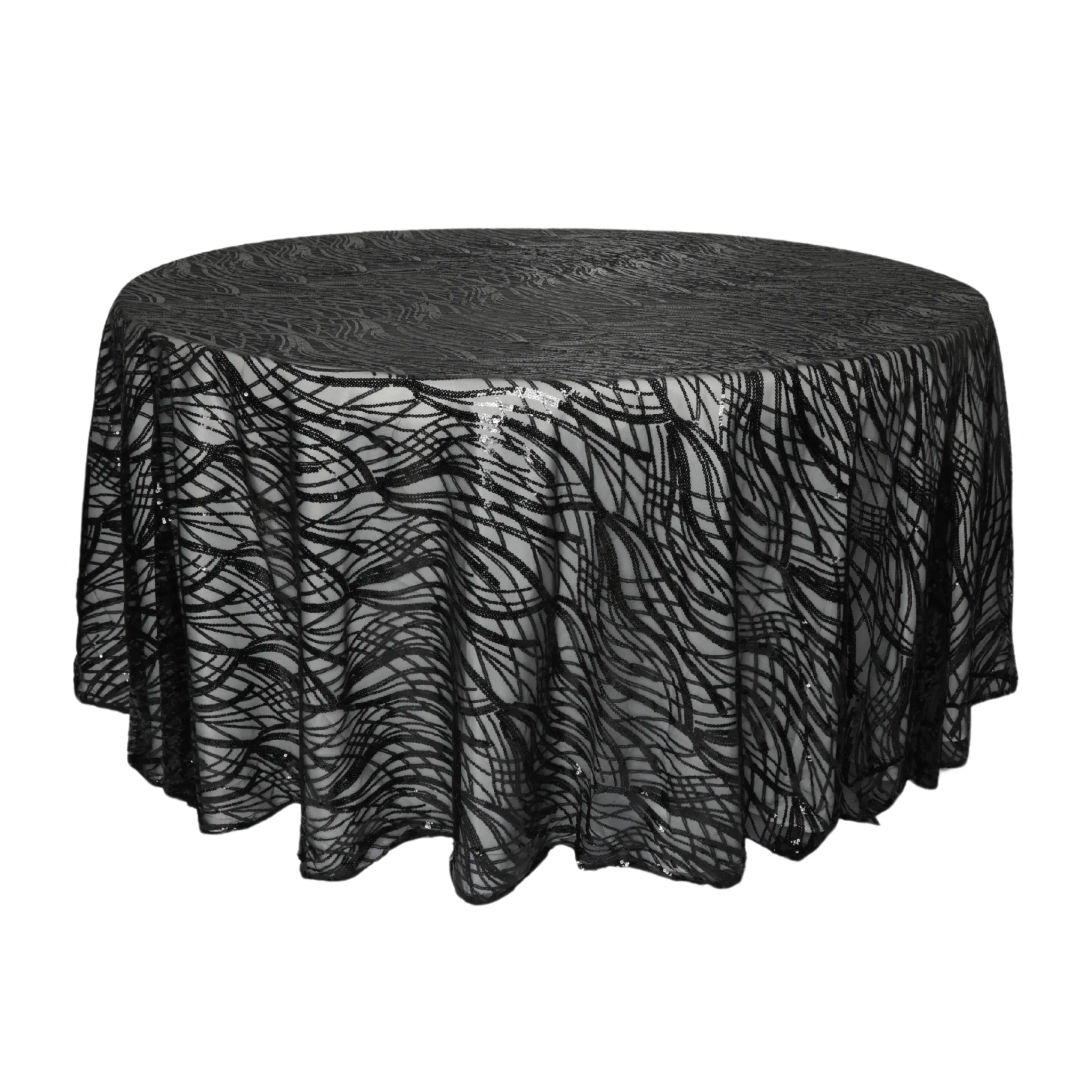 Wave Sequin Mesh Tablecloth 120" Round - Black