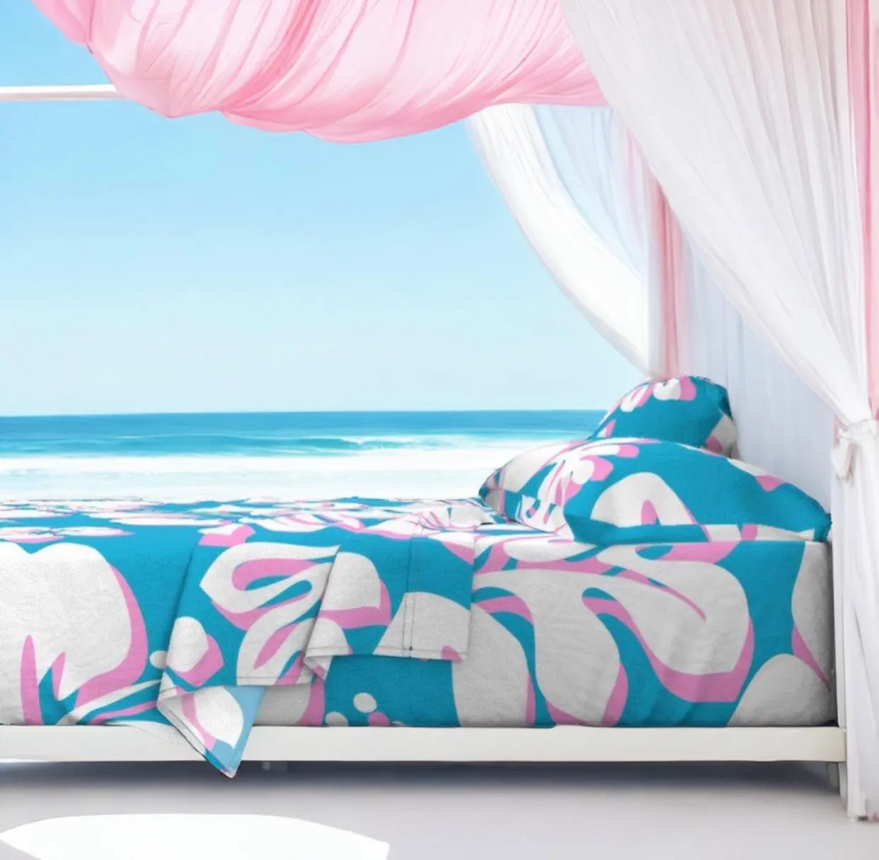 White and Soft Pink Hawaiian Flowers on Aqua Ocean Blue Sheet Set from Surfer Bedding™️ Large Scale