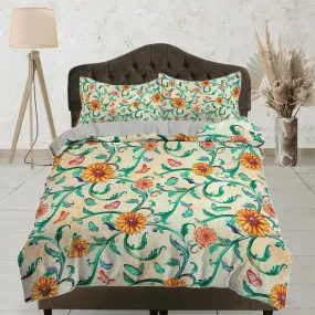 Yellow flower and vines floral bedding, boho duvet cover queen, king, designer shabby chic bedding, aesthetic bedding full size maximalist