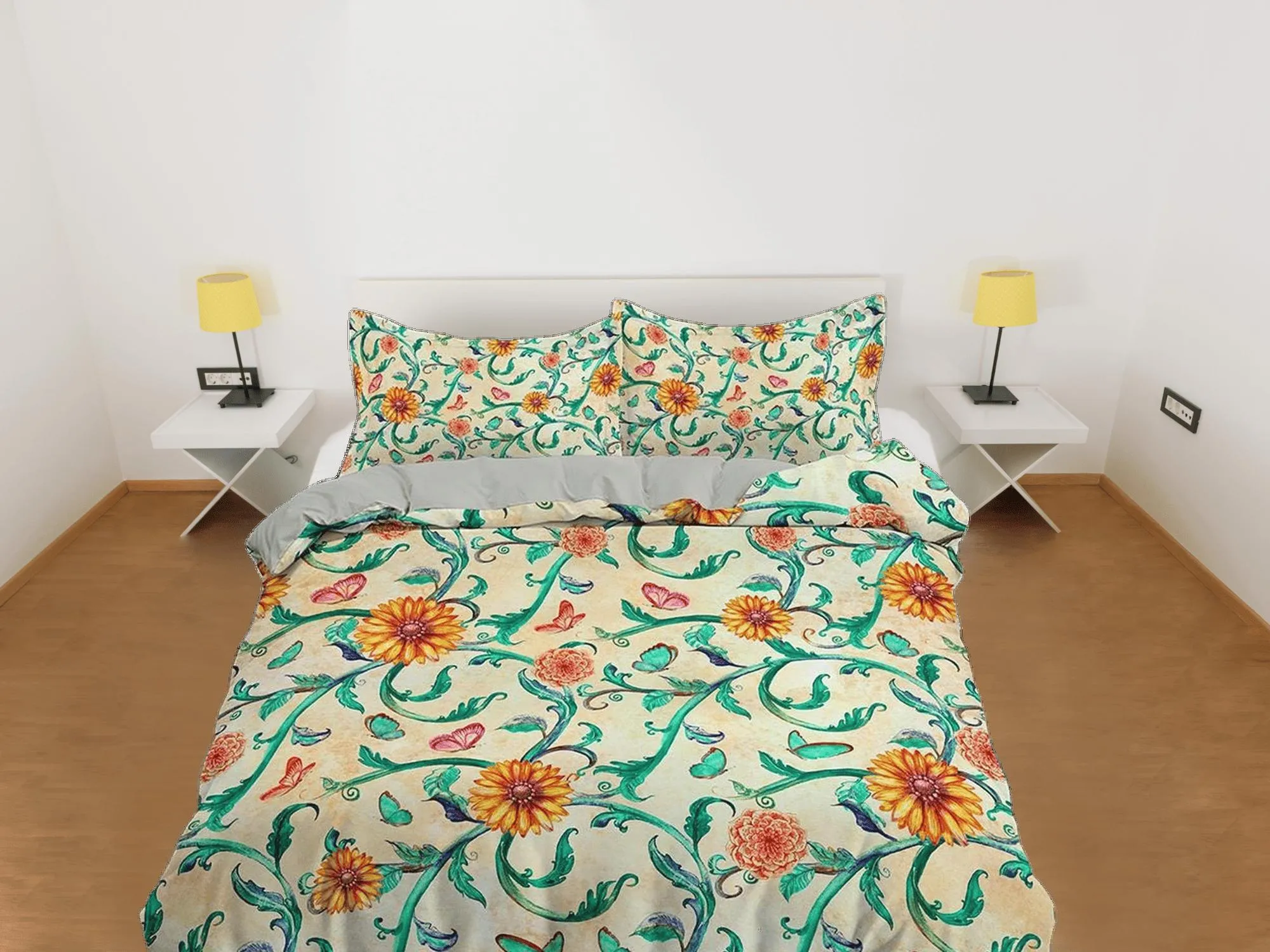 Yellow flower and vines floral bedding, boho duvet cover queen, king, designer shabby chic bedding, aesthetic bedding full size maximalist