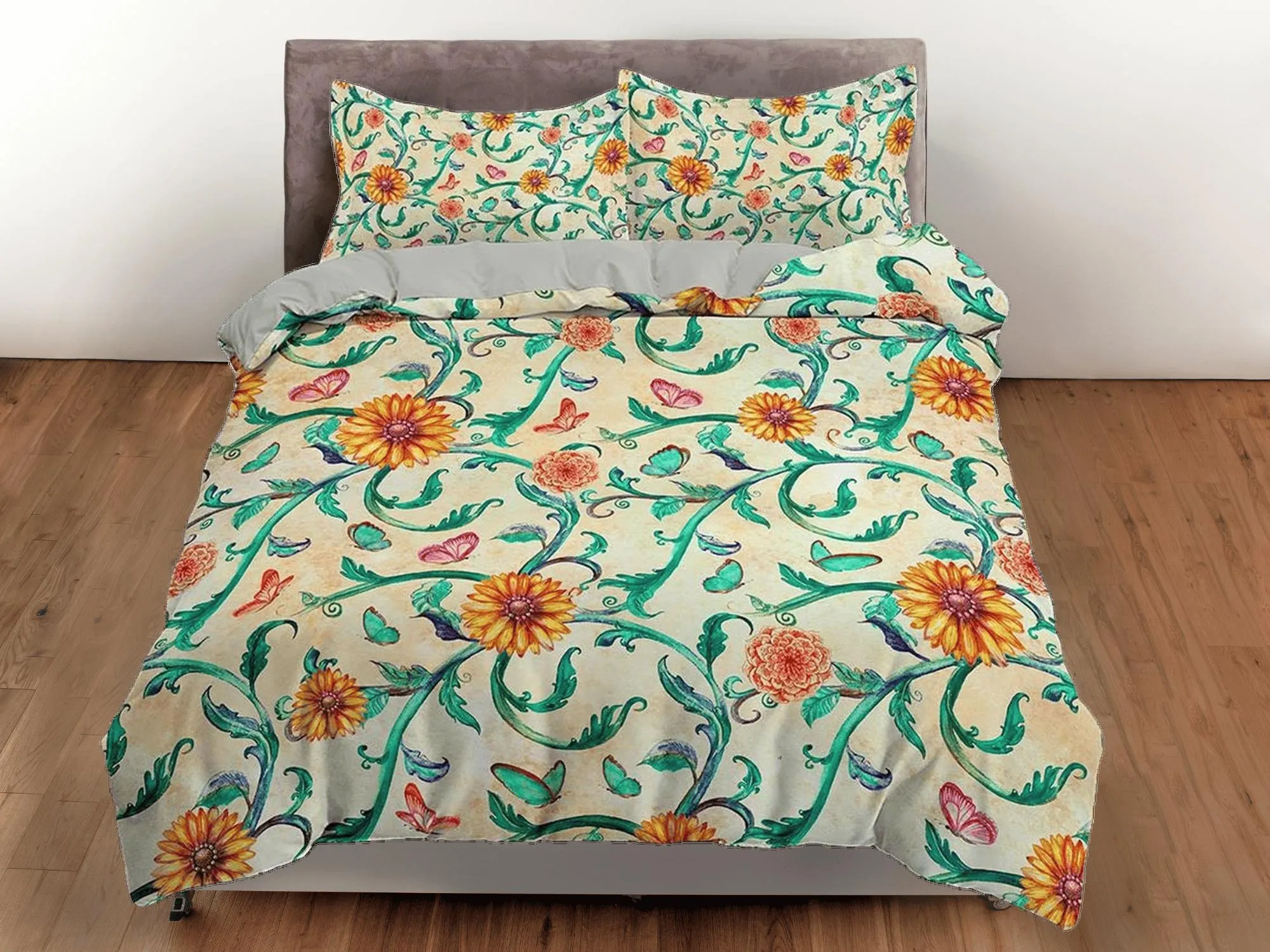 Yellow flower and vines floral bedding, boho duvet cover queen, king, designer shabby chic bedding, aesthetic bedding full size maximalist